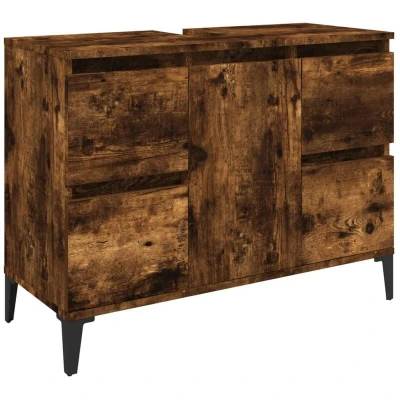Image of vidaXL Sink Cabinet, Under Cabinet with Drawer, Bathroom Vanity Unit Door, Unit, Industrial Style, Smoked Oak Engineered Wood