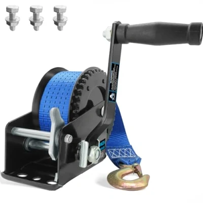 Image of AKRIXKIP Boat Trailer Winch 1600lbs Hand with 26ft Blue Strap, 4:1 Gear Portable Hook, 2 Way Ratchet Manual for Jet Ski Towing Pulley Drag