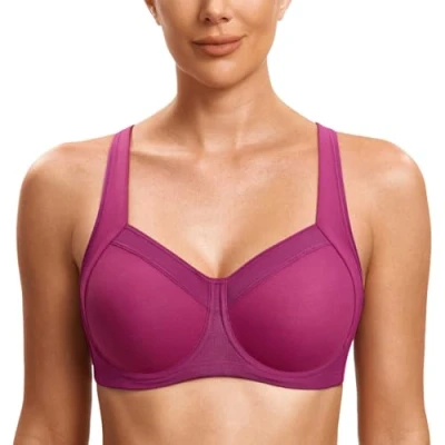 Image of SYROKAN Women&#039;s High Impact Powerback Support Underwire Sports Bra Unlined Workout Running Magenta Purple 38DD