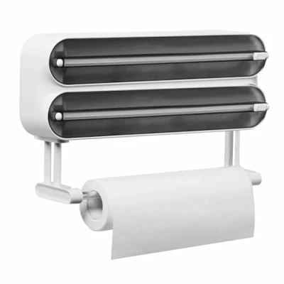 Image of Quasziwa Magnetic Cling Film Dispenser and Cutter Advanced 3 in 1 Wall Mounted Kitchen Roll Holder, Refillable Plastic Wrap &amp; Tin Foil with Paper Towel Holder Fits 12&quot; Roll, Black