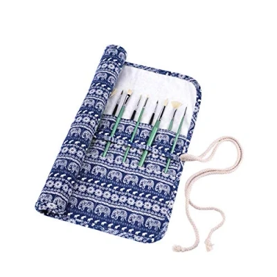Image of Amoyie Roll up Paint Brush Holders for Acrylic Oil Watercolor Gouache Art Brush, Large Capacity Carrier Pouch 20 Holes, Blue Elephant