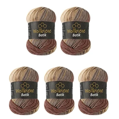 Image of 5 x 100 g Wool Bee Batik 500 with Colour Gradient Multicoloured Knitting Crochet (5020 Brown Beige)