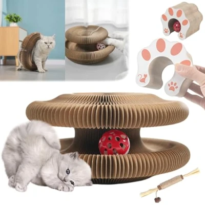 Image of fjaldjfu Marlene Kitty Kurlz, Kurlz Cat Toy, Foldable Scratch Board Toy with Bell, Accordion Ball Magnetic, Track Physical Exercise for Cats (1Set)