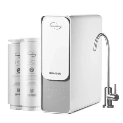 Image of iSpring RO400 Reverse Osmosis System, Tankless Water Filtration 400 GPD Fast Flow Under Sink RO System with Brushed Nickel Faucet, 2.5:1 Pure to Drain Ratio, TDS Reduction, White