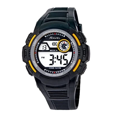 Image of Ravel Mens Round 3ATM Digital Quartz Watch with Light RDG.14.13 Black/Yellow