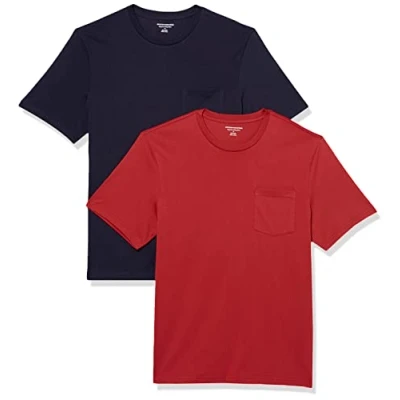 Image of Amazon Essentials Men&#039;s T Shirt Regular Fit Short Sleeve Crewneck Pocket, Pack of 2, Dark Red/Navy, L
