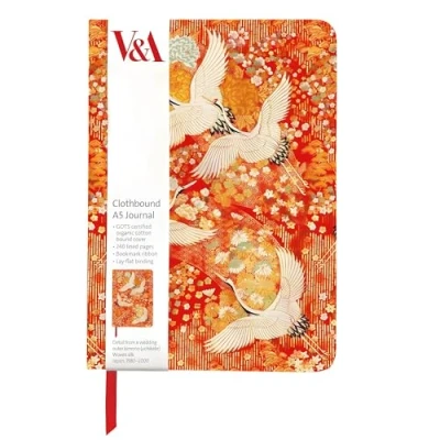 Image of Museums &amp; Galleries A5 Clothbound Journal Lined Notebook Kimono Cranes Artistic V&amp;A Japanese Design 240 Pages Bookmark Ribbon