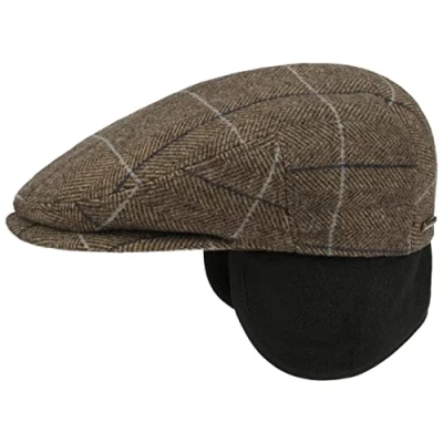 Image of Stetson Kent Ear Flaps Flat Cap Men Newsboy with Herringbone Pattern Fall/Winter Warmer Peaked Beige Brown 62 cm