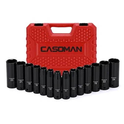 Image of CASOMAN 1/2 Inch Drive Deep Impact Socket Set, Metric, Cr V, 6 Point, 10mm 24mm, 14 Pieces Master Set