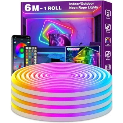 Image of AILBTON 20Ft Led Neon Rope Lights, Control with App/Remote,Flexible Lights,Multiple Modes,Music Sync Gaming Strip Lights for Bedroom，IP65 Outdoor RGB Waterproof、