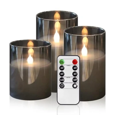 Image of KOOSREEL LED Flameless Flickering Candles, 3 Pack Silver Grey Glass Battery Operated Candles with Remote, 3D Wick Realistic Warm Light Fake Timer ∅ 3&quot; H 4&quot; 5&quot; 6&quot;