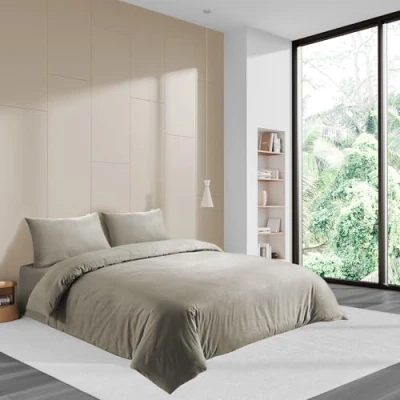 Image of LYMA Bedding Duvet Cover Set Super King Abstract Embossed, OEKO TEX Certified, Ultra Soft NanoPlush Double Brushed Quick Dry, Button Closure, Wrinkle Fade Resistant Quilt with Pillowcase (Beige)