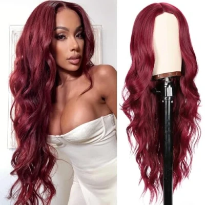 Image of PORSMEER Wine Red Wigs for Women Long Curly Wavy Middle Part Natural Looking Synthetic Hair Heat Resistant Replacement Everyday or Cosplay Wig Burgundy color