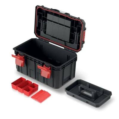 Image of Tool Box with Carrier Dividers Ergonomic Handle Clamp Fasteners Plastic 45 x 28 26.4 cm