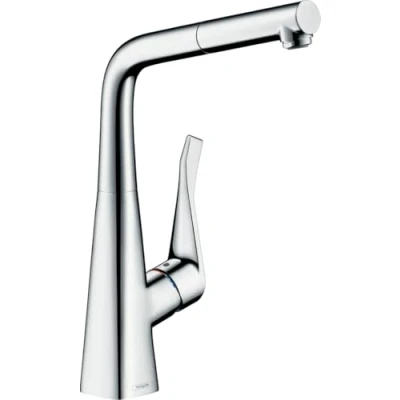 Image of hansgrohe Metris kitchen tap 320 with pull out spray and selectable swivel range, chrome 14821000