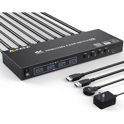 Image of USB 3.0 KVM Switch HDMI 4 Port 4K@60Hz 2K@120Hz, Simulation EDID, PC 1 Monitor for Computers Share and Port,with Desktop Controller, Power Adapter 5 Cables