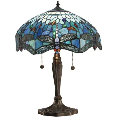 Image of Dragonfly 2 Light Medium Table Lamp Dark Bronze, Blue, Tiffany Style Glass, E27