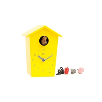 Image of KOOKOO AnimalHouse yellow, striking small cuckoo clock with 5 farm animals sounds, natural field recordings, modern sleek designed