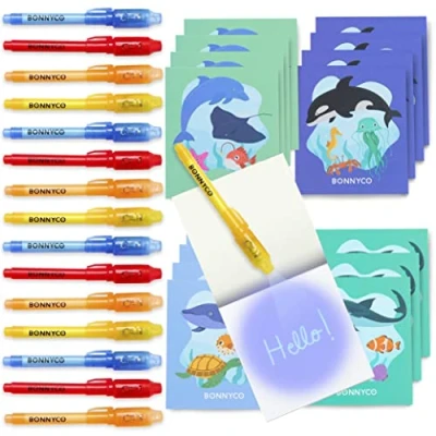Image of BONNYCO Invisible Ink Pen and Notebook, Pack 16 Sea Animals Ocean Party Bags Fillers, Pinata Toys Birthday Decorations Stocking Fillers for Kids School Prizes, Gifts Children