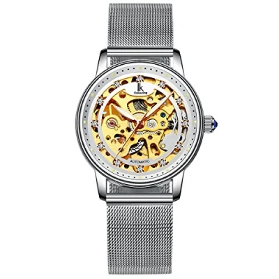 Image of Alienwork Automatic Women&#039;s Watch Silver Metal Mesh Strap White Skeleton Glass Bottom