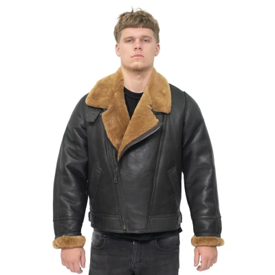 Image of Men’s Aviator Cross Zip B3 Cream Shearling Sheepskin Brown Leather Pilot Jacket 2XL