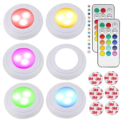 Image of Under Cabinet Kitchen Light,Battery Operated Cupboard Lights,Wireless LED Puck Light with Remote,Dimmable Colorful Push Lighting Stick on Closet Counter Wardrobe Wall Indoor,6 Pack