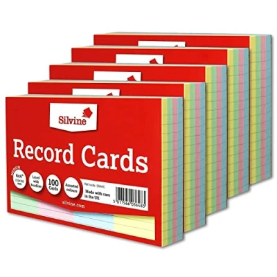 Image of Silvine Record Card Bulk Pack of 500 5 x 100 6x4 Coloured Lined with Headline Cards Size Medium 152 102mm A6