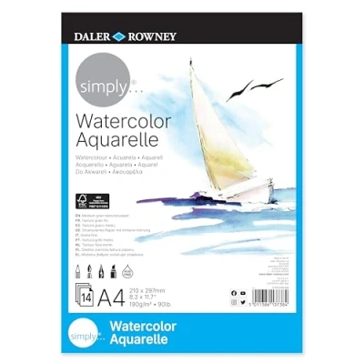 Image of Daler Rowney Simply Watercolour Paper Pad, A4, 190gsm, 14 Sheets, Ideal for Entry Level Artists &amp; Hobbyists