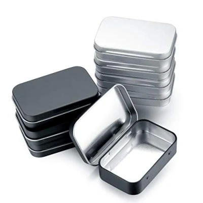 Image of HAOCHEN 8 Pieces Rectangular Small Tin Boxes, Tins Containers, Empty Hinged with Lids, Metal Storage Box Lid for Candy Key Earring Coin Organizer, Black+Silver, 3.74x2.4x0.8 Inch