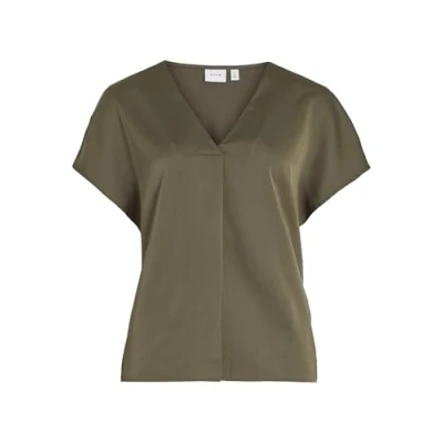 Image of Vila Women&#039;s Variety V Neck S/S Satin top Noos Short Sleeved Blouse, Dusty Olive, 8