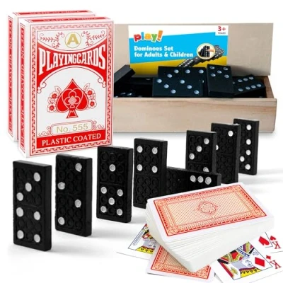 Image of 2pk Plastic Playing Cards Professional &amp; 28pcs Dominoes Set for Adults Standard Card Decks with Educational Dominos Children Domino Deck of Kids Game