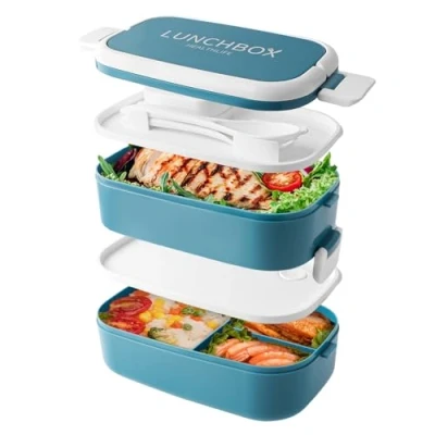 Image of Bento Lunch Box Stackable,1500ml Containers with 4 Compartments and Cutlery, Leakproof 2 Layer Boxes, for Adults Kids Office, Microwave Dishwasher Safe (Blue)