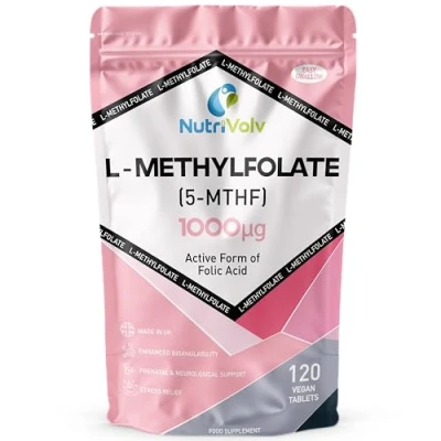 Image of Folate (L Methylfolate) 1000mcg 120 Vegan Tablets 5 MTHF (Vitamin B9) 4 Months Supply Active Methylated Form of Folic Acid One a Day Suitable for Pregnancy, Pure Formula by NutriVolv
