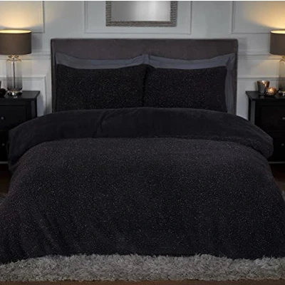Image of Sleepdown Sparkle Teddy Fleece Thermal Warm Cosy Super Soft Duvet Cover Quilt Bedding Set with Pillow Case Single (135cm x 200cm) Charcoal