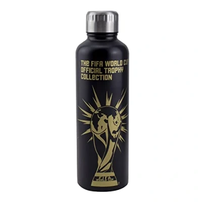 Image of Paladone FIFA World Cup Official Trophy Collection Metal Water Bottle Stainless Steel with Lid 500ml 16 fl oz, Multicolor