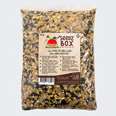 Image of Bird Food Seed Feed Mix For Small Wild Garden Birds 1.8kg SeedzBox Deluxe Grain &amp; Nut Blend Natural Robins Blackbirds Sparrows Millet Peanut Fats and Fibres