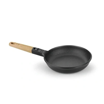 Image of BRA Market Non Stick Cast Aluminium Frying Pan Black &amp; Beechwood (22cm). Large for Induction Hob All Other Heat Sources. 100% Recycled Pan.
