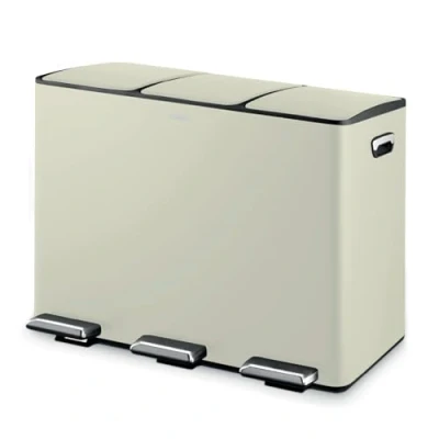 Image of Tower T838021C Recycling Pedal Pin with Three 15L Compartments, Carbon Steel Body, Inner Buckets, 45L, Cream