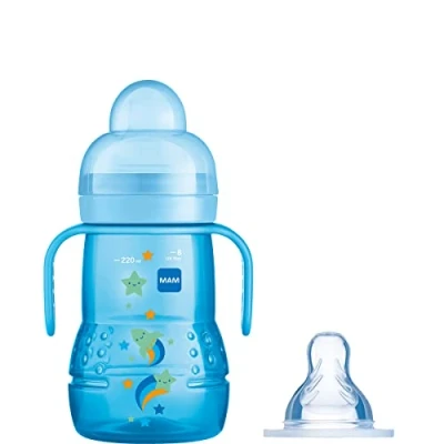 Image of MAM Trainer+ 220 ml, Baby Cup Suitable from 4+ Months, Trainer for Independent Drinking, Spill Free Toddler Cup, Blue (Designs May Vary)