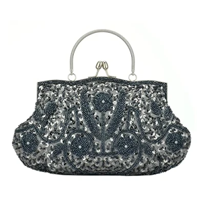 Image of YYW Collection Antique Floral Seed Bead Sequin Soft Clutch Evening Bag Designer Purse Large Handbag