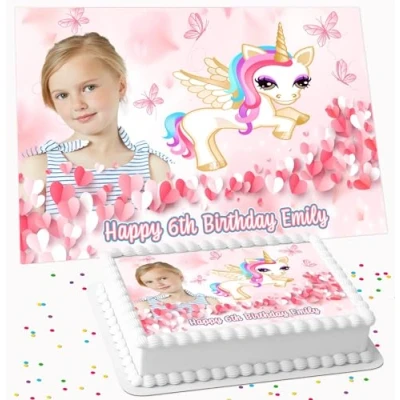 Image of UNICORN YOUR OWN PHOTO BIRTHDAY PERSONALISED EDIBLE ICING COSTCO CAKE TOPPER R2 9148