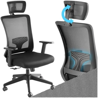 Image of TecTake® Ergonomic Office Chair with 360 Swivel Function, Padded Seat, Tall Backrest, Adjustable Headrest &amp; Armrests, Lumbar Support, Mesh Cover Tilt Function Ideal Gaming Desk