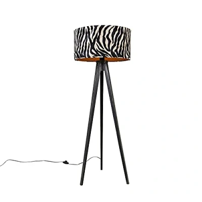 Image of Qazqa Floor lamp Tripod Black with Shade Zebra 50 cm Classic Modern Suitable for LED E27 1 Light Wood Living Room I Bedroom