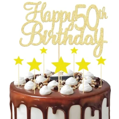 Image of 8 Pcs Gold Happy 50th Birthday Cake Topper, 1 Topper and 7 Star Cupcake Toppers, Glitter for Anniversary Party Supplies