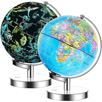 Image of Exerz Illuminated World Globe 23cm diameter metal base 2 in 1 Light up Cable Free LED lamp Political Map/Constellation Stars Day and Night