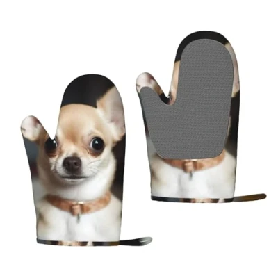 Image of Oven Mitts Set 2 pcs Silicone Kitchen Glove Cute Chihuahua Mitt Heat Resistant for Cooking Non Slip Gloves Washable Potholders Baking BBQ