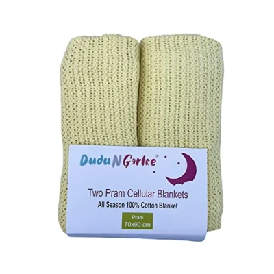 Image of DUDU N GIRLIE Baby Blanket Twin Pack 100% Pure Natural Cotton Extra Soft Cellular Blankets Pram/Travel/Moses Basket 70x90cm Yellow.