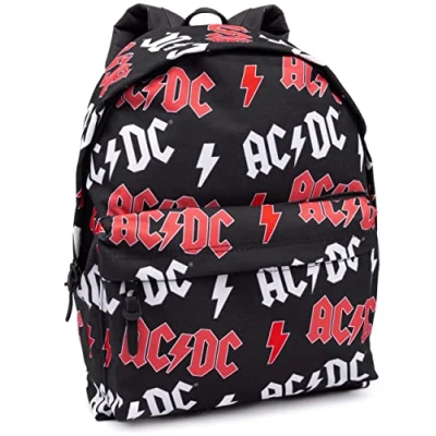 Image of AC/DC Backpack For Adults Teens Music Band Festival School Rucksack 16 Black Red White Lightning Logo OAP Bag With Adjustable Straps One Size