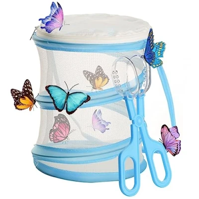 Image of TAIZER Butterfly Habitat Insect Cage,Bug Catcher Net Cage Reproduction Mesh Collapsible Bug Mini (blue)