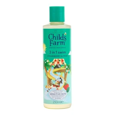 Image of Childs Farm Kids 3 in 1 Swim, Strawberry &amp; Mint Body Wash, Shampoo Conditioner Tear free Suitable for Dry, Sensitive and Eczema Prone Skin, 250ml